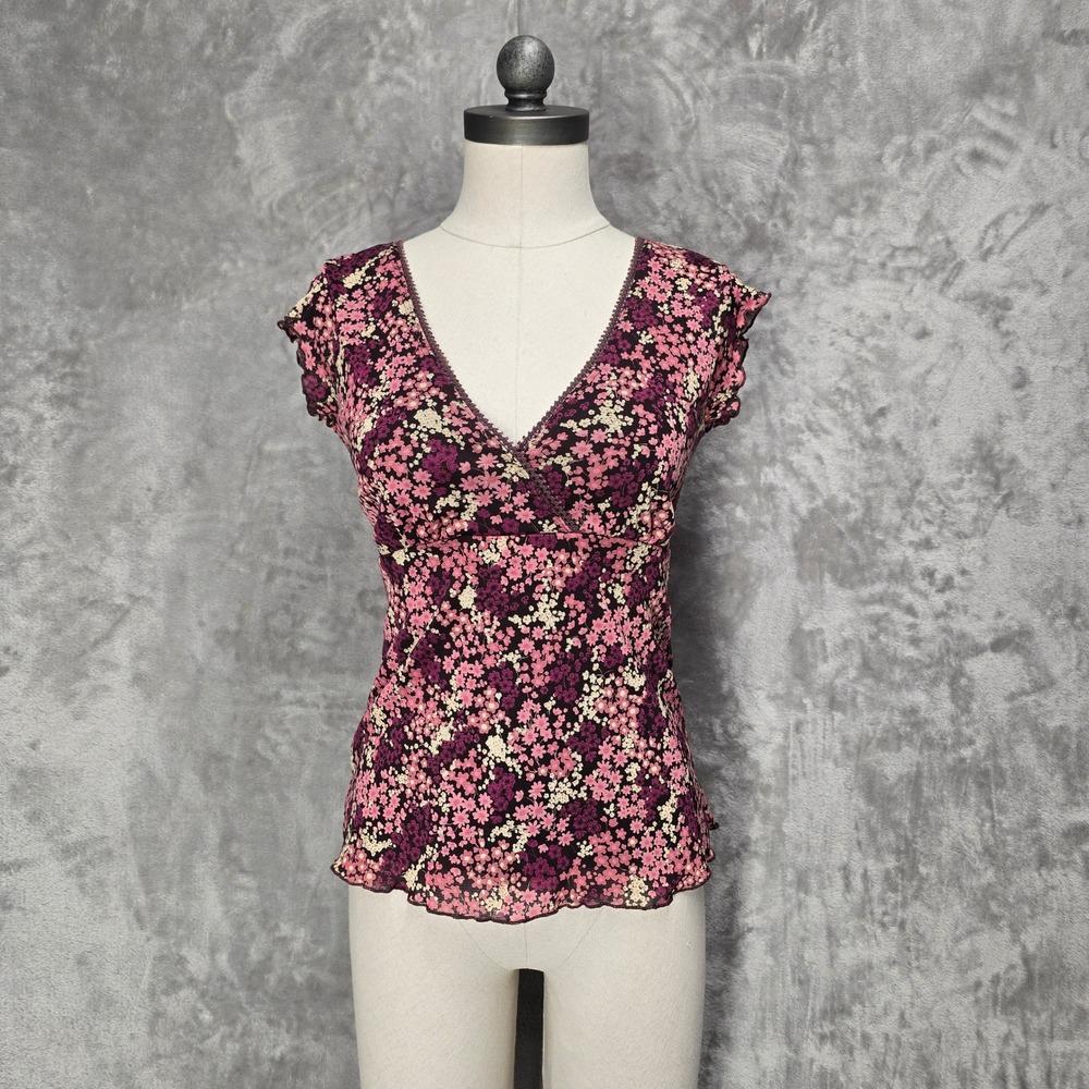 Vtg Self Esteem Y2K Empire Waist Floral Mesh Top Womens S Fairycore Boho Dainty